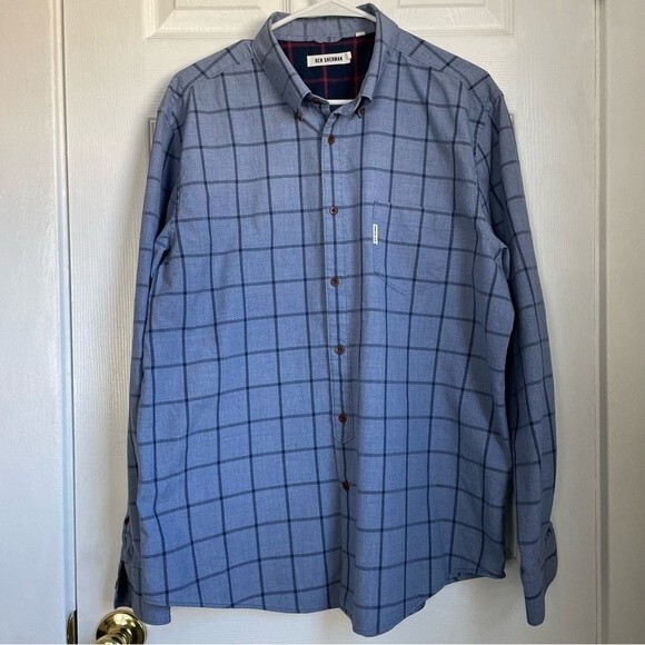 Ben Sherman plaid button down shirt long sleeve blue checkered print - Picture 1 of 8